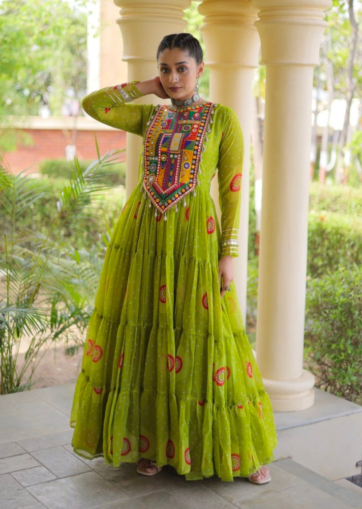 Parrot Pure Faux Georgette Bandhani Print Kutchi Patchwork Anarkali Long Gown