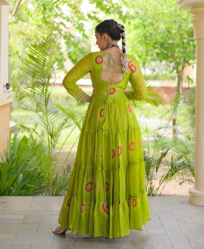 Parrot Pure Faux Georgette Bandhani Print Kutchi Patchwork Anarkali Long Gown