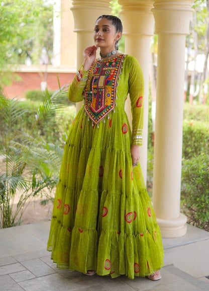 Parrot Pure Faux Georgette Bandhani Print Kutchi Patchwork Anarkali Long Gown