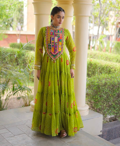 Parrot Pure Faux Georgette Bandhani Print Kutchi Patchwork Anarkali Long Gown