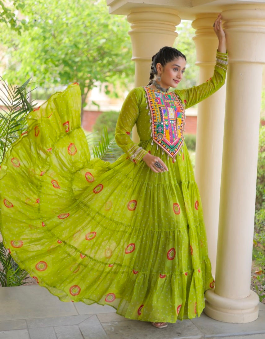 Parrot Pure Faux Georgette Bandhani Print Kutchi Patchwork Anarkali Long Gown
