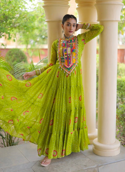 Parrot Pure Faux Georgette Bandhani Print Kutchi Patchwork Anarkali Long Gown