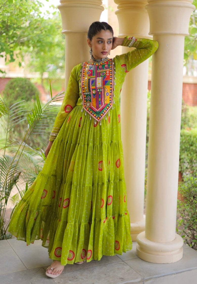 Parrot Pure Faux Georgette Bandhani Print Kutchi Patchwork Anarkali Long Gown