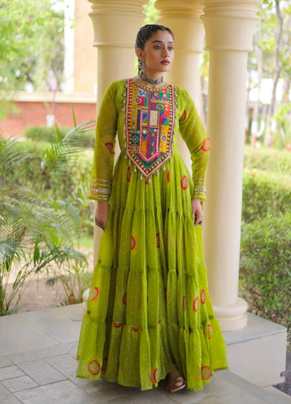 Parrot Pure Faux Georgette Bandhani Print Kutchi Patchwork Anarkali Long Gown