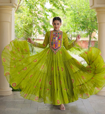 Parrot Pure Faux Georgette Bandhani Print Kutchi Patchwork Anarkali Long Gown