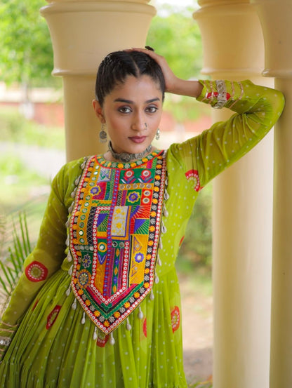 Parrot Pure Faux Georgette Bandhani Print Kutchi Patchwork Anarkali Long Gown