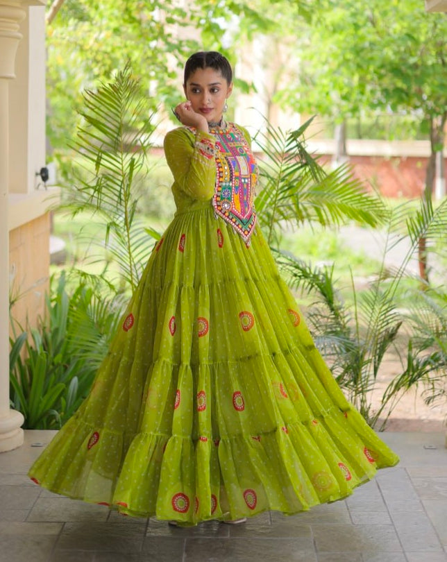 Parrot Pure Faux Georgette Bandhani Print Kutchi Patchwork Anarkali Long Gown