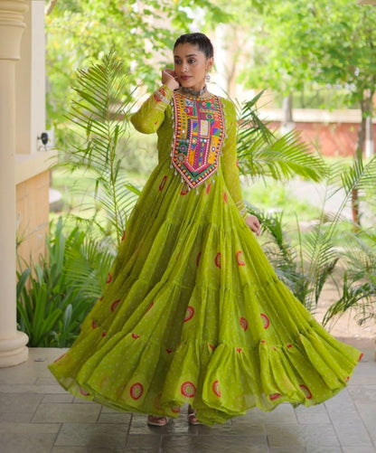 Parrot Pure Faux Georgette Bandhani Print Kutchi Patchwork Anarkali Long Gown