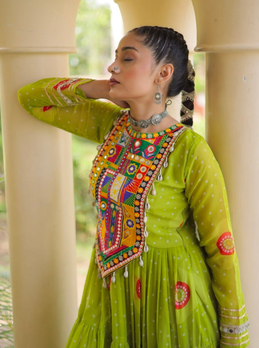 Parrot Pure Faux Georgette Bandhani Print Kutchi Patchwork Anarkali Long Gown