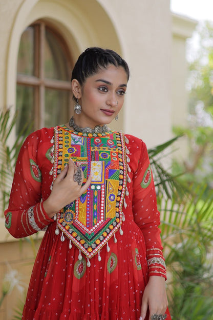 Red Pure Faux Georgette Bandhani Print Kutchi Patchwork Anarkali Long Gown