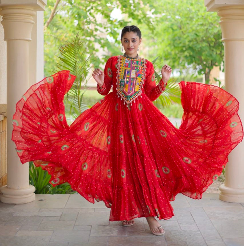 Red Pure Faux Georgette Bandhani Print Kutchi Patchwork Anarkali Long Gown