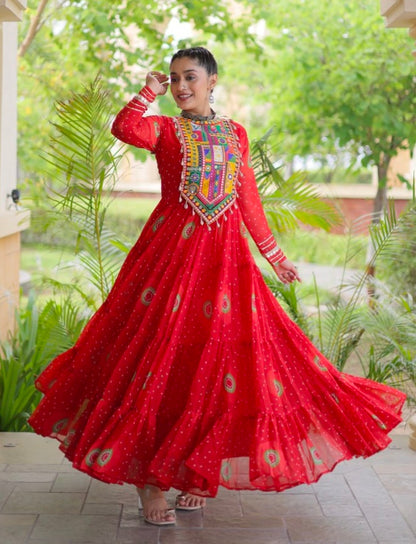 Red Pure Faux Georgette Bandhani Print Kutchi Patchwork Anarkali Long Gown