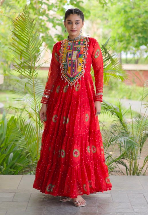Red Pure Faux Georgette Bandhani Print Kutchi Patchwork Anarkali Long Gown