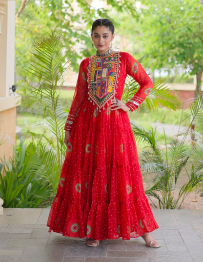 Red Pure Faux Georgette Bandhani Print Kutchi Patchwork Anarkali Long Gown