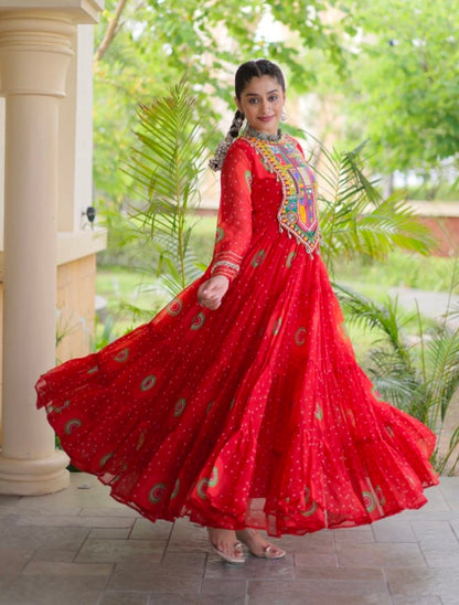 Red Pure Faux Georgette Bandhani Print Kutchi Patchwork Anarkali Long Gown
