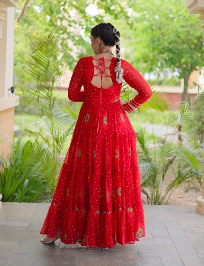 Red Pure Faux Georgette Bandhani Print Kutchi Patchwork Anarkali Long Gown