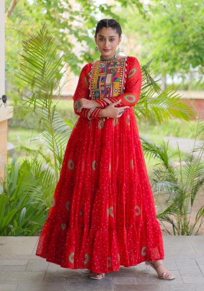 Red Pure Faux Georgette Bandhani Print Kutchi Patchwork Anarkali Long Gown