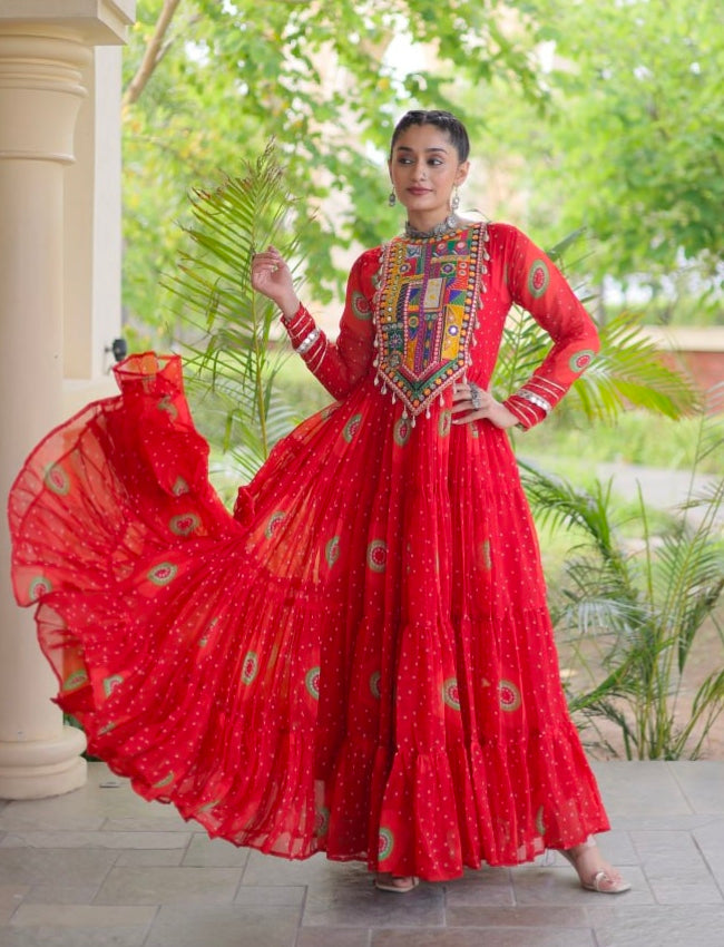 Red Pure Faux Georgette Bandhani Print Kutchi Patchwork Anarkali Long Gown