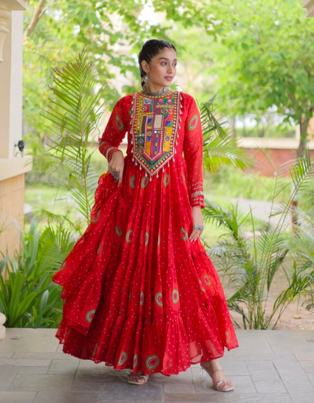 Red Pure Faux Georgette Bandhani Print Kutchi Patchwork Anarkali Long Gown
