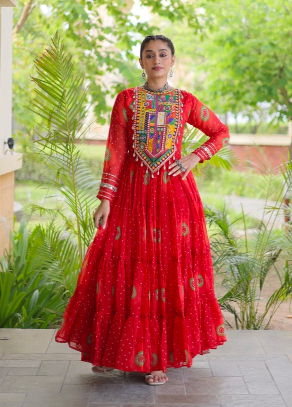 Red Pure Faux Georgette Bandhani Print Kutchi Patchwork Anarkali Long Gown