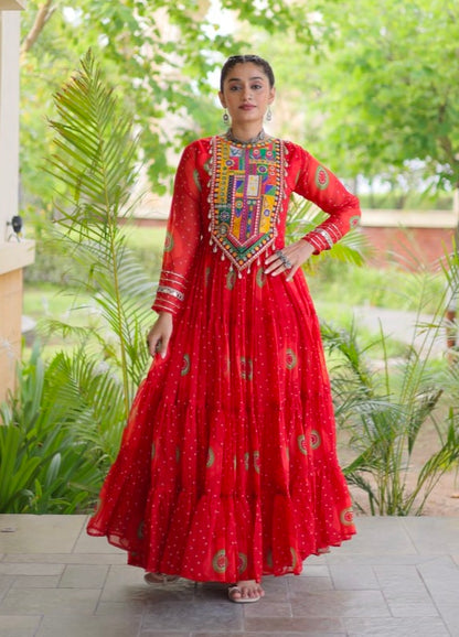 Red Pure Faux Georgette Bandhani Print Kutchi Patchwork Anarkali Long Gown