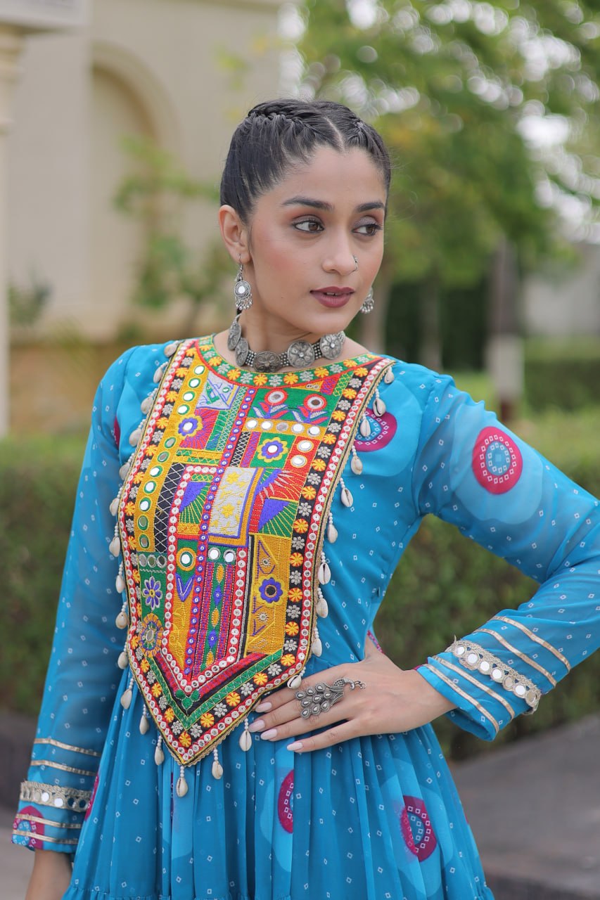 Sky Pure Faux Georgette Bandhani Print Kutchi Patchwork Anarkali Long Gown