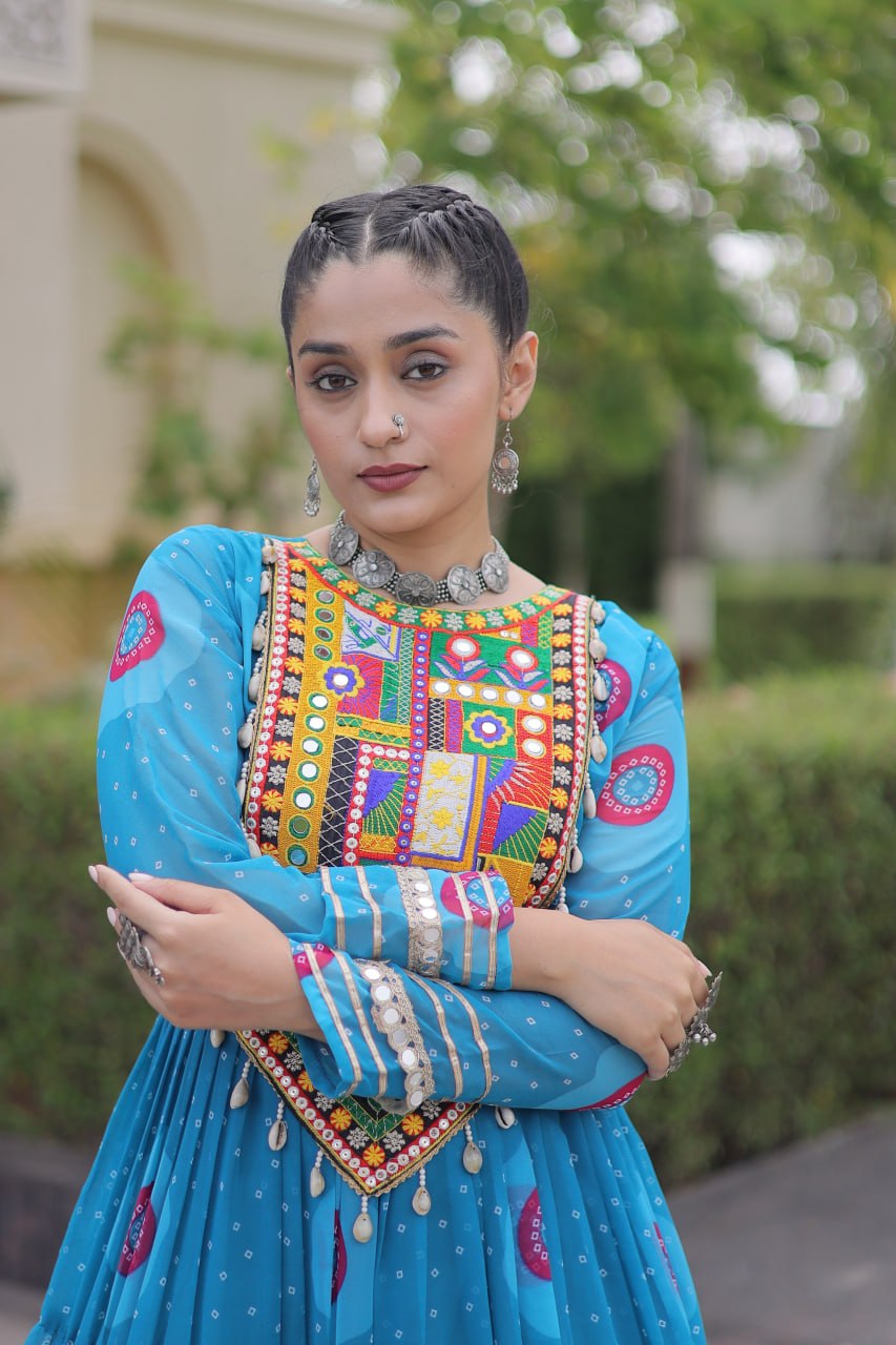 Sky Pure Faux Georgette Bandhani Print Kutchi Patchwork Anarkali Long Gown