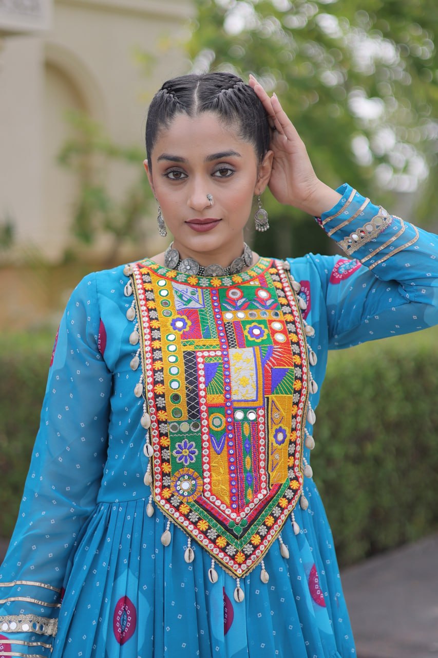 Sky Pure Faux Georgette Bandhani Print Kutchi Patchwork Anarkali Long Gown