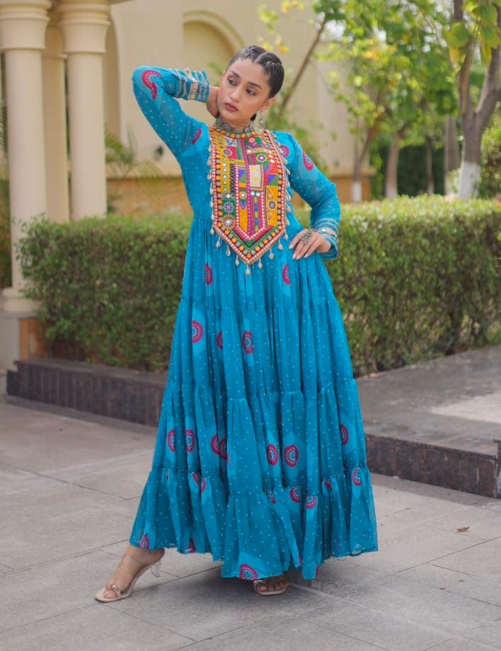 Sky Pure Faux Georgette Bandhani Print Kutchi Patchwork Anarkali Long Gown