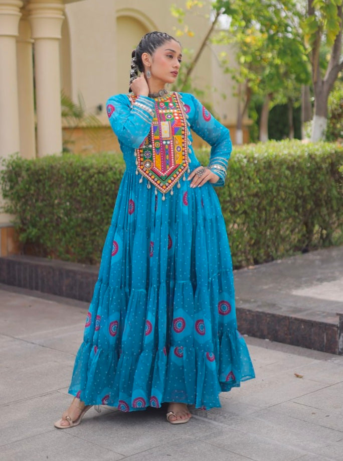 Sky Pure Faux Georgette Bandhani Print Kutchi Patchwork Anarkali Long Gown