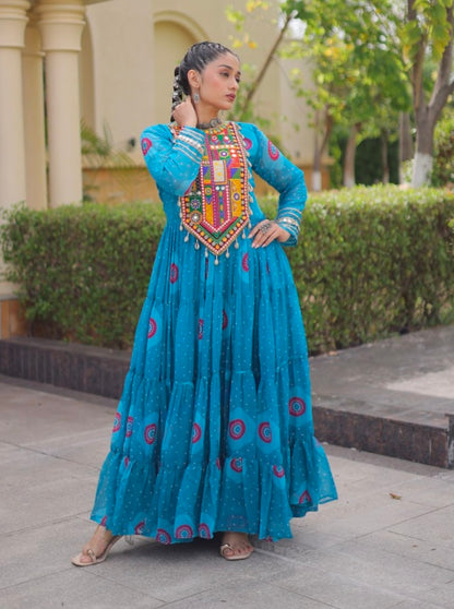 Sky Pure Faux Georgette Bandhani Print Kutchi Patchwork Anarkali Long Gown