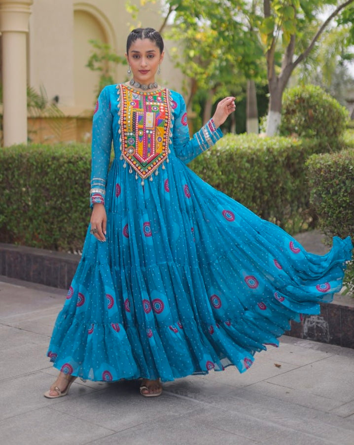 Sky Pure Faux Georgette Bandhani Print Kutchi Patchwork Anarkali Long Gown