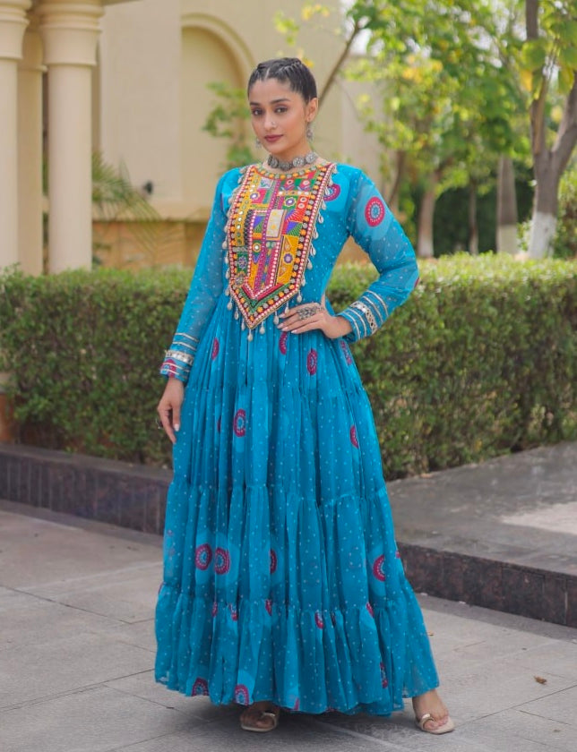 Sky Pure Faux Georgette Bandhani Print Kutchi Patchwork Anarkali Long Gown