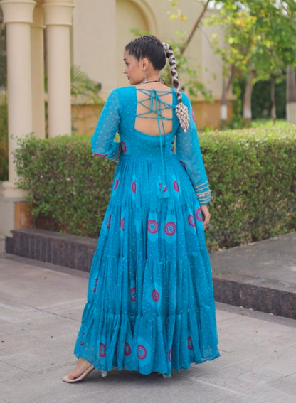 Sky Pure Faux Georgette Bandhani Print Kutchi Patchwork Anarkali Long Gown