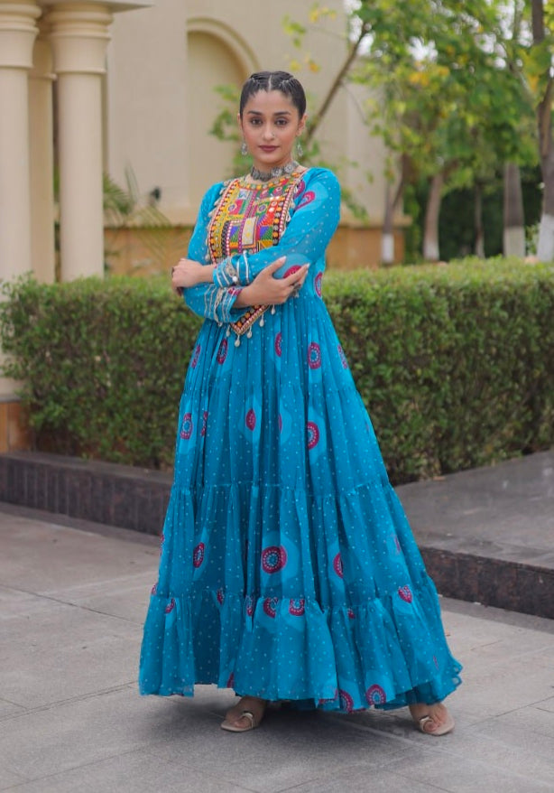 Sky Pure Faux Georgette Bandhani Print Kutchi Patchwork Anarkali Long Gown