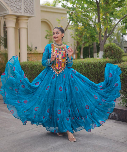 Sky Pure Faux Georgette Bandhani Print Kutchi Patchwork Anarkali Long Gown