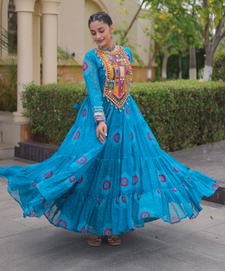 Sky Pure Faux Georgette Bandhani Print Kutchi Patchwork Anarkali Long Gown