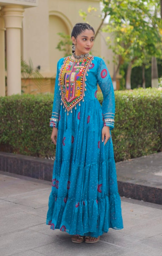 Sky Pure Faux Georgette Bandhani Print Kutchi Patchwork Anarkali Long Gown