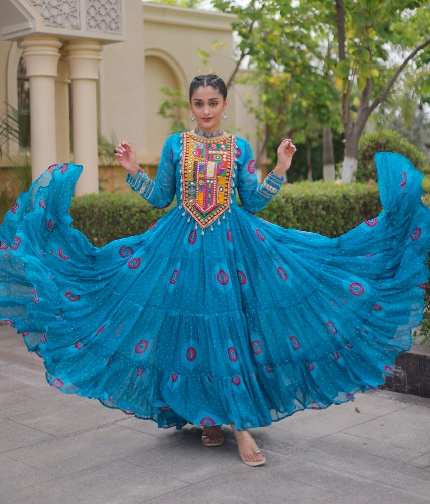 Sky Pure Faux Georgette Bandhani Print Kutchi Patchwork Anarkali Long Gown