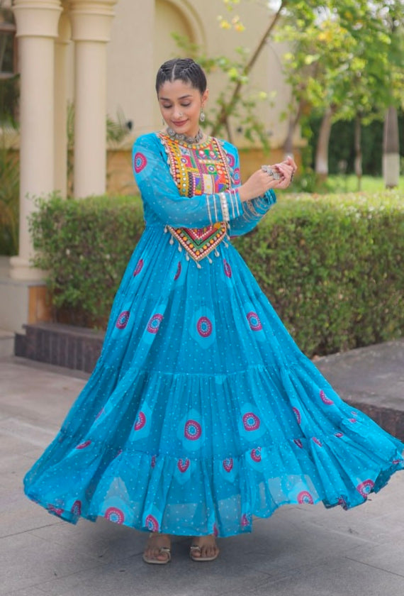 Sky Pure Faux Georgette Bandhani Print Kutchi Patchwork Anarkali Long Gown