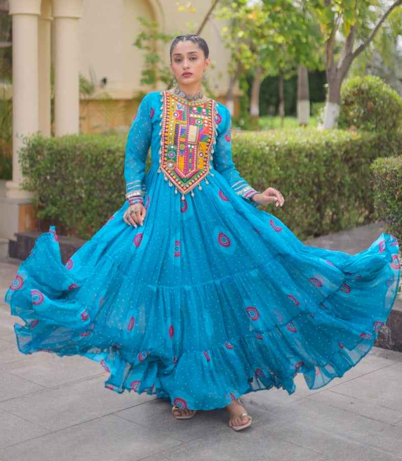 Sky Pure Faux Georgette Bandhani Print Kutchi Patchwork Anarkali Long Gown