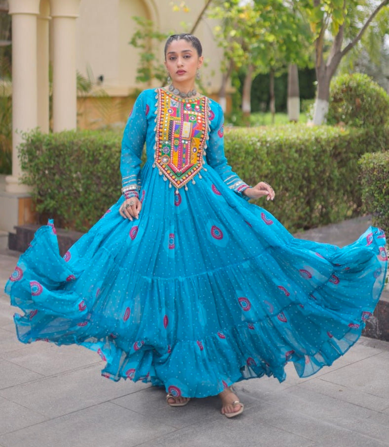 Sky Pure Faux Georgette Bandhani Print Kutchi Patchwork Anarkali Long Gown