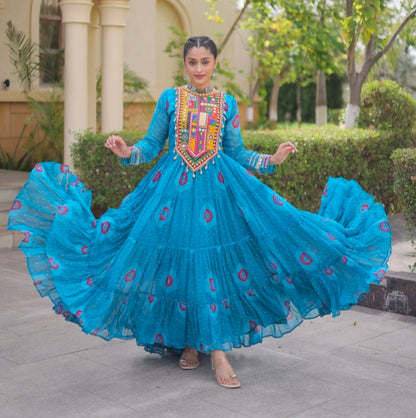Sky Pure Faux Georgette Bandhani Print Kutchi Patchwork Anarkali Long Gown