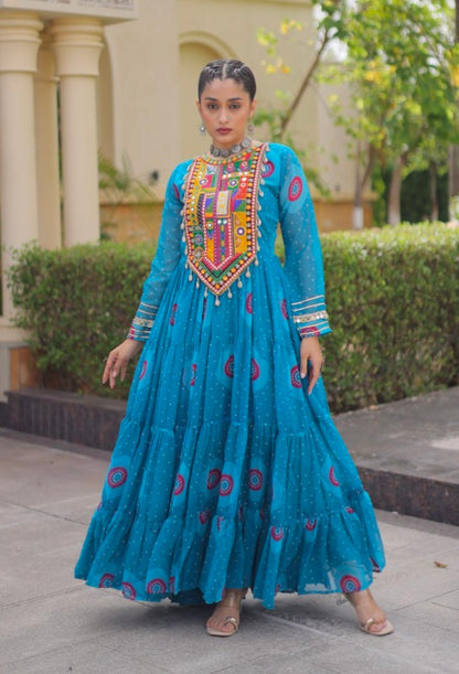 Sky Pure Faux Georgette Bandhani Print Kutchi Patchwork Anarkali Long Gown
