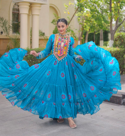 Sky Pure Faux Georgette Bandhani Print Kutchi Patchwork Anarkali Long Gown