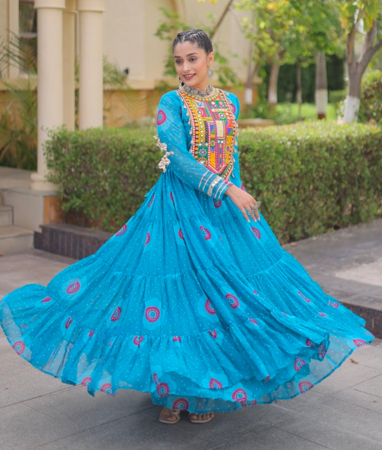 Sky Pure Faux Georgette Bandhani Print Kutchi Patchwork Anarkali Long Gown