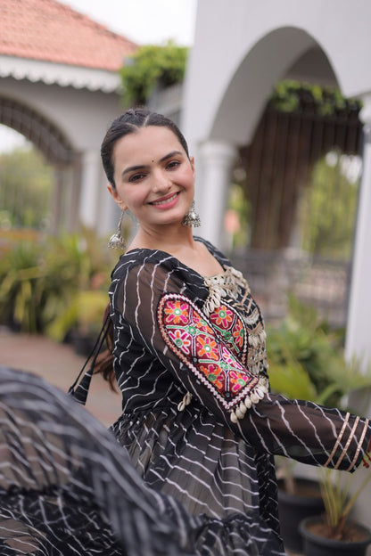 Black Pure Georgette Lahariya Print kutchi Patchework Navratri Lehenga Choli