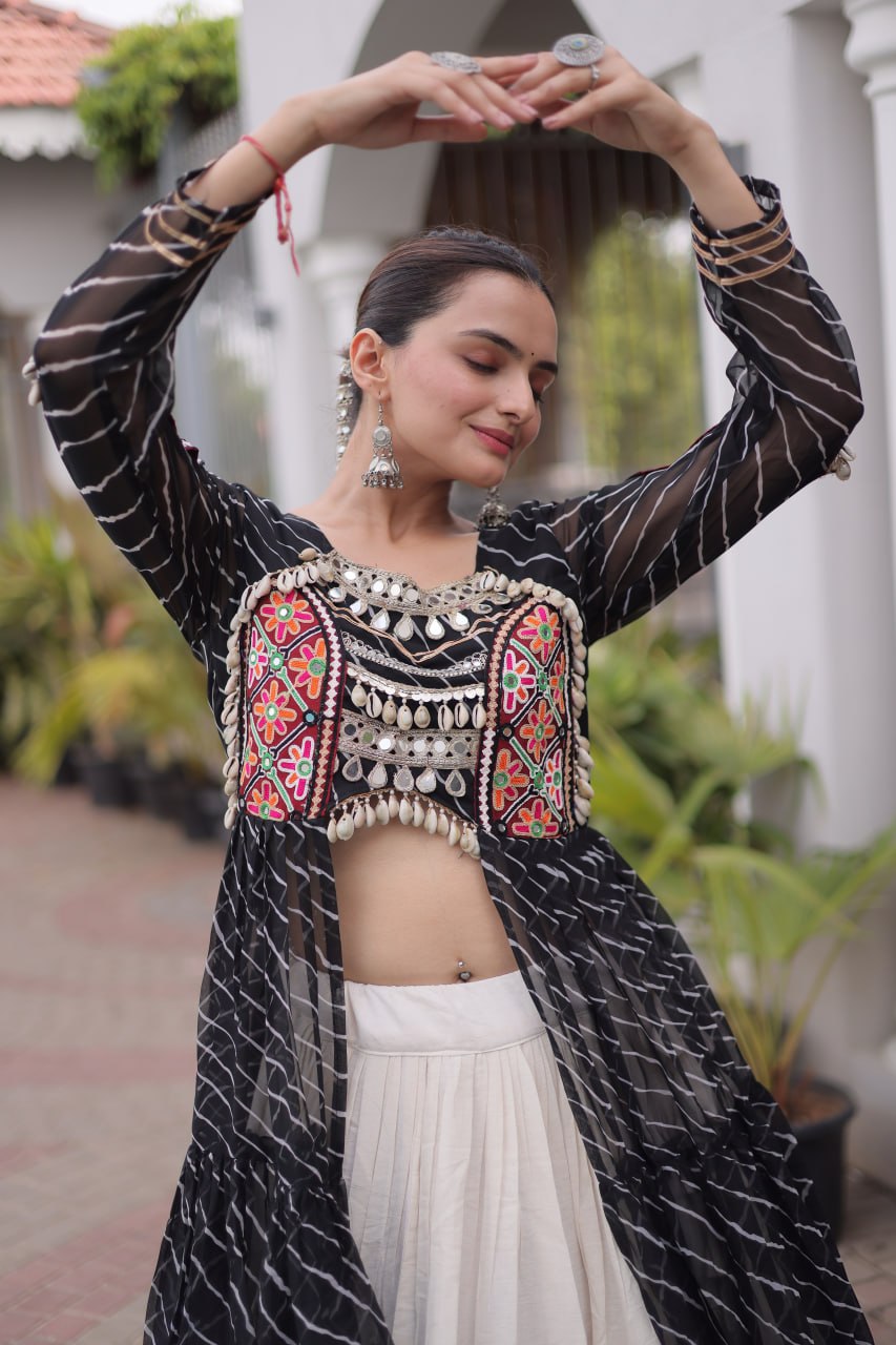 Black Pure Georgette Lahariya Print kutchi Patchework Navratri Lehenga Choli
