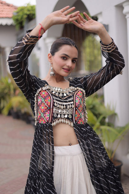 Black Pure Georgette Lahariya Print kutchi Patchework Navratri Lehenga Choli