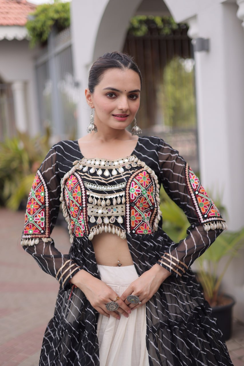 Black Pure Georgette Lahariya Print kutchi Patchework Navratri Lehenga Choli
